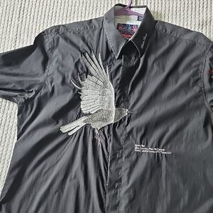 Black Short Sleeve Shirt with Embroidered Bird